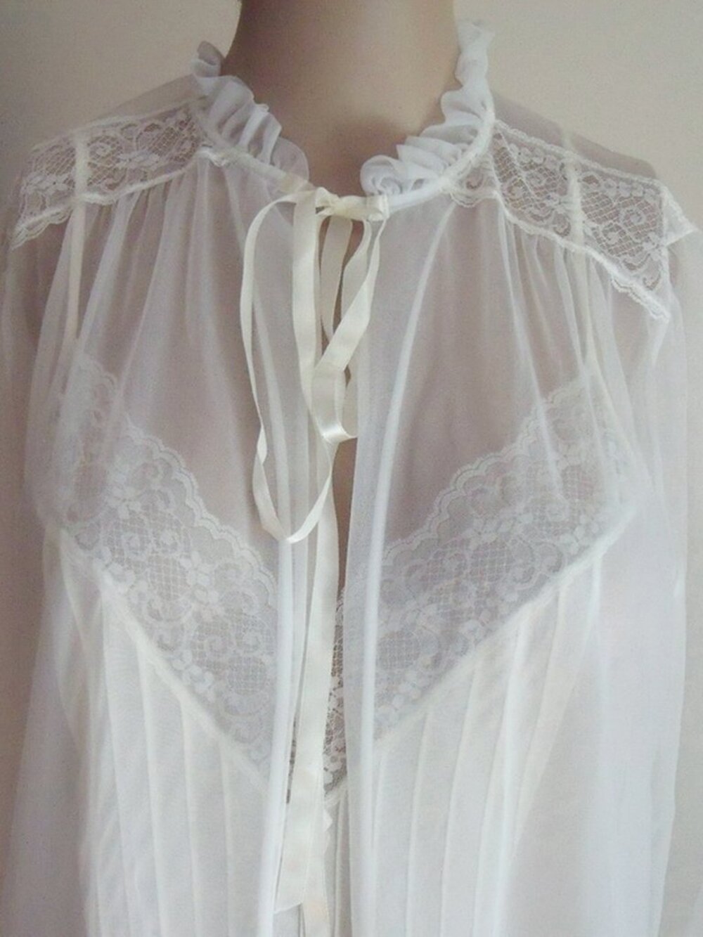 1970s GILEAD Peignoir Nightgown, Robe, Sheer White Nylon, Lace, Ruffles, SMALL